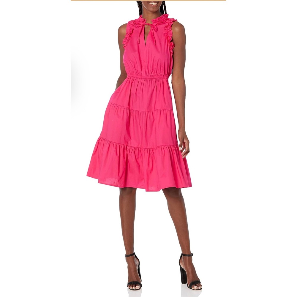 Maggy London Pink Ruffle Tiered‎ Sleeveless Cotton Dress Size 12